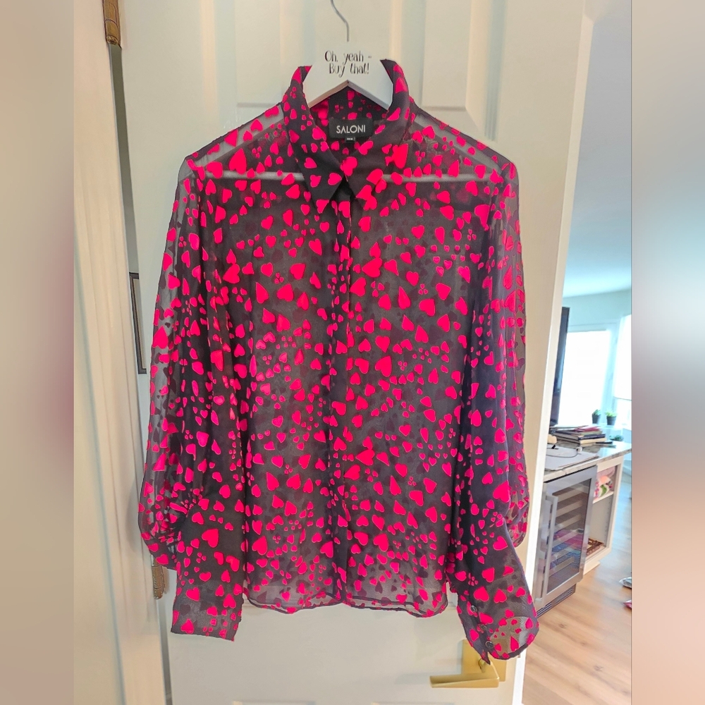 PRISTINE Saloni Red Hearts Black Sheer Silk Blend Blouse Top Size 12